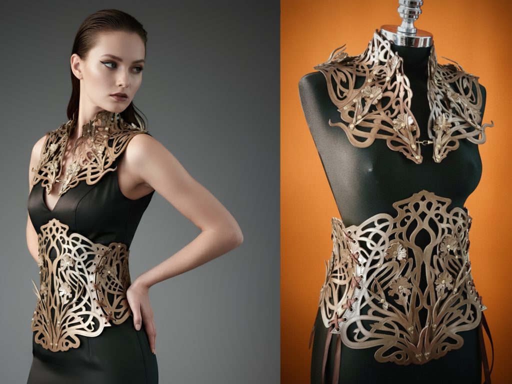 Model wearing a gold leather sculpture with floral and art nouveau motifs, paired with a black dress. On the right, the sculpture is displayed on a mannequin.
