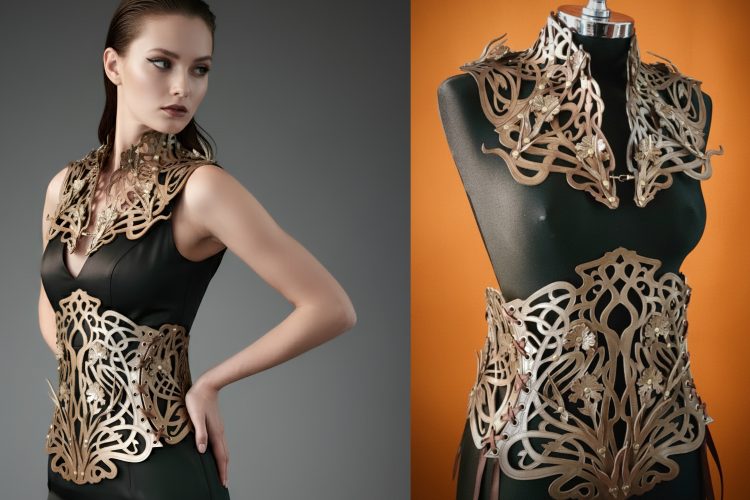 Model wearing a gold leather sculpture with floral and art nouveau motifs, paired with a black dress. On the right, the sculpture is displayed on a mannequin.