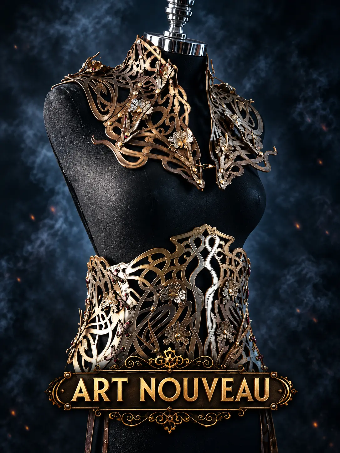 Art Nouveau handmade corset with intricate metalwork