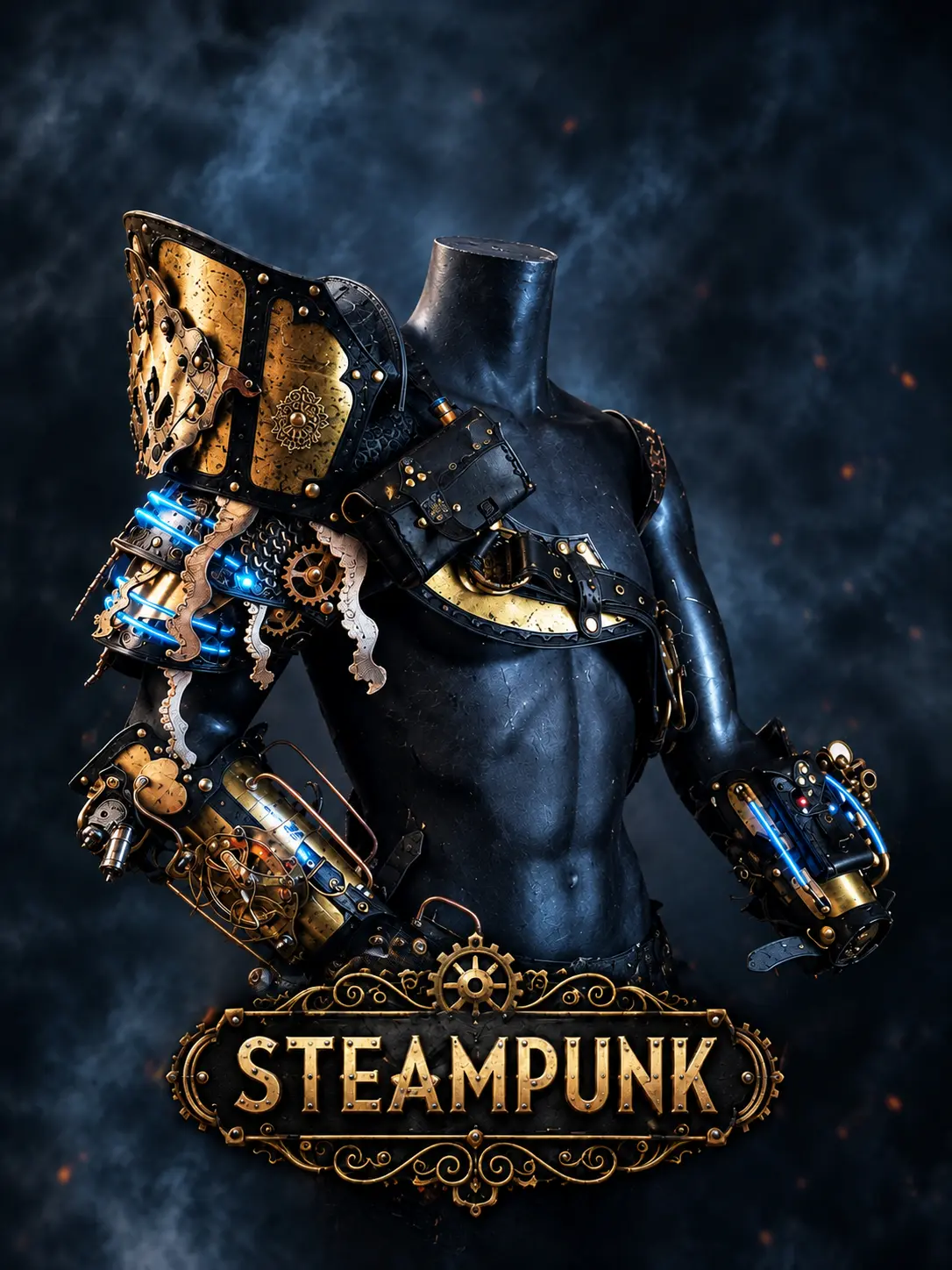 Steampunk leather armor costume with brass details, handmade by Progetto Steam