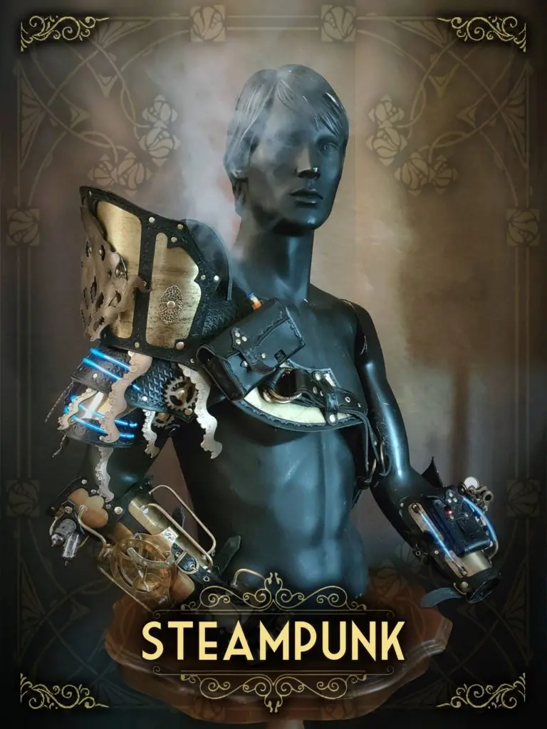 Steampunk leather armor costume with brass details, handmade by Progetto Steam