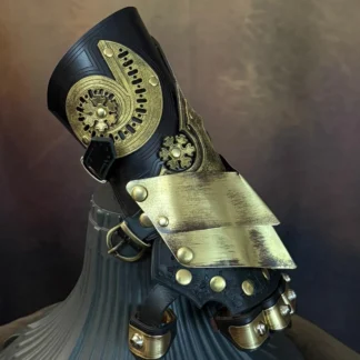 Baroque steampunk gauntlet in brass and leather with ornate decorations