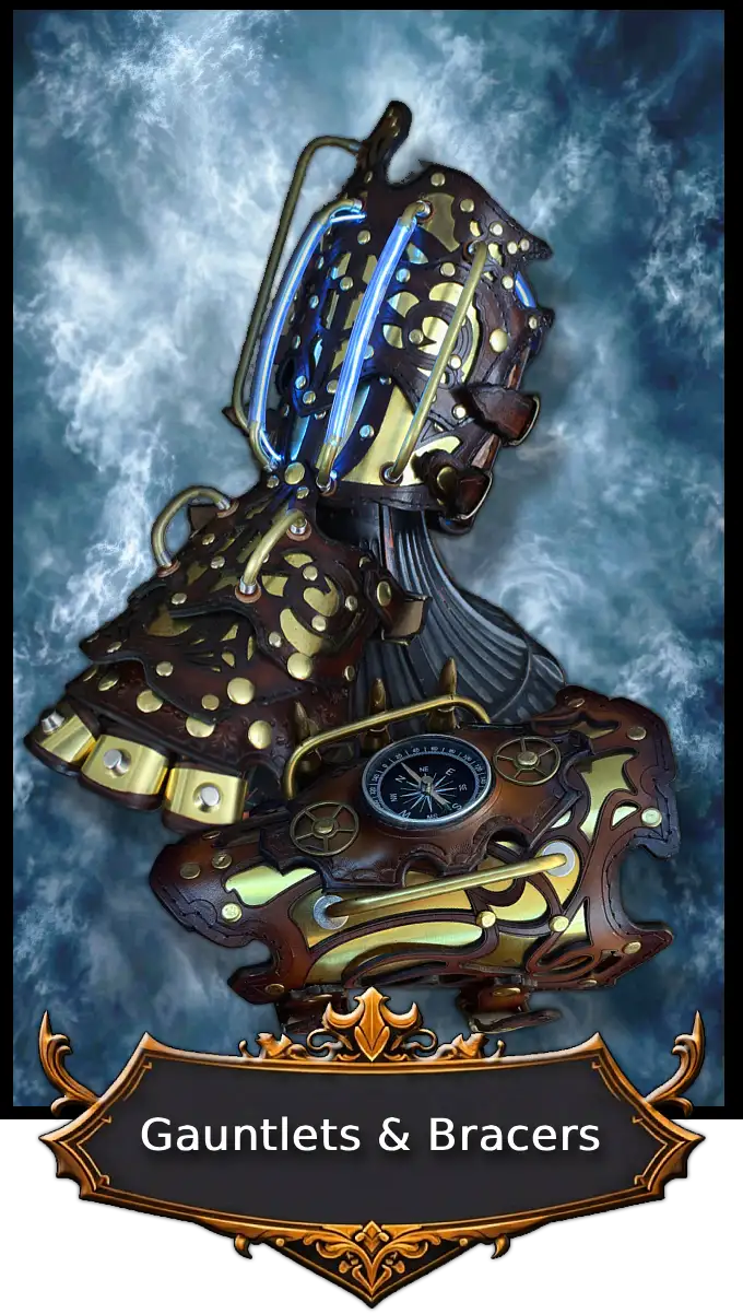 Handmade Steampunk gauntlets and bracers in brass and leather