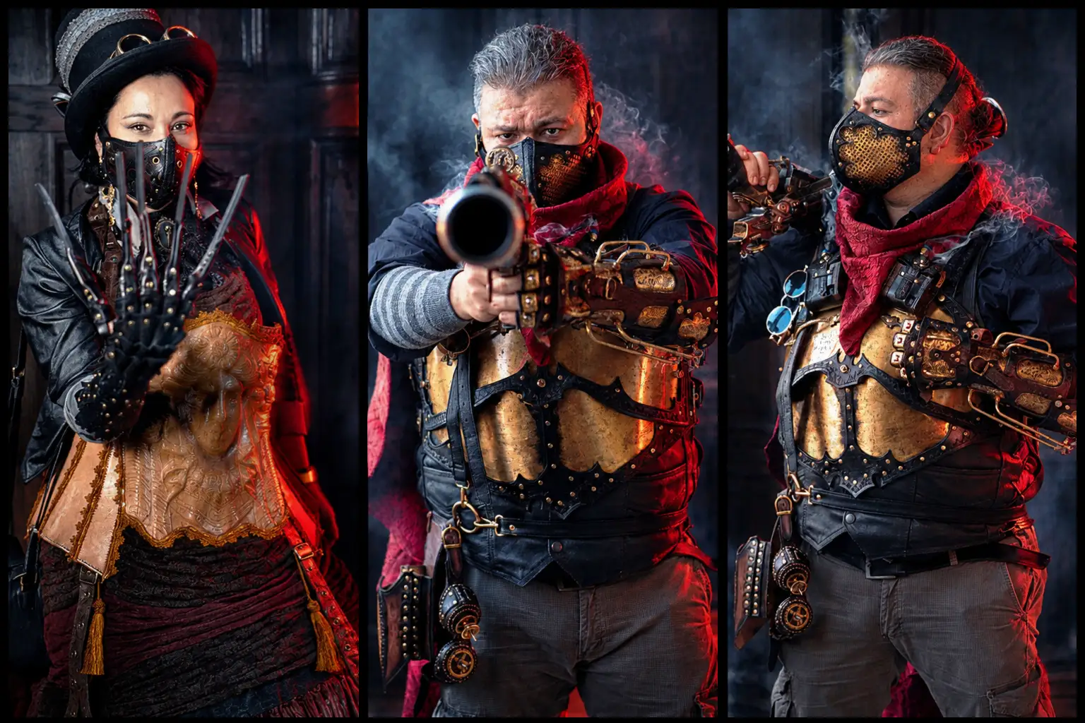 Two steamers wearing handmade brass and leather armor, masks, and accessories.