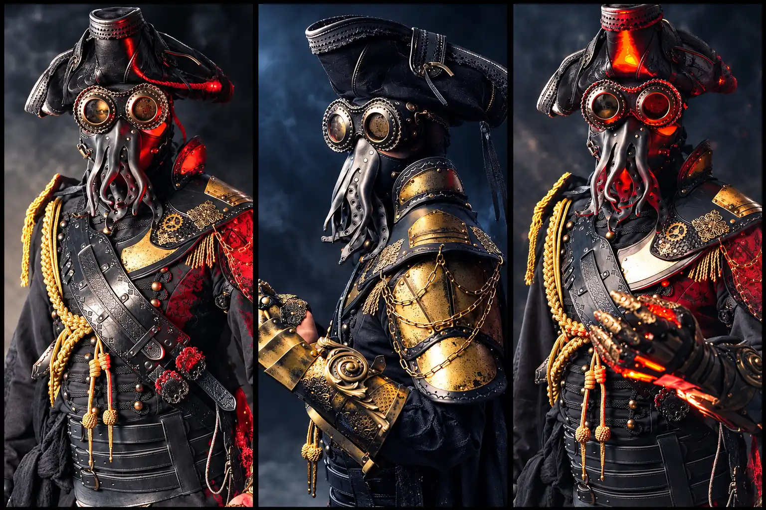 Handmade Steampunk armor with brass details and red lighting